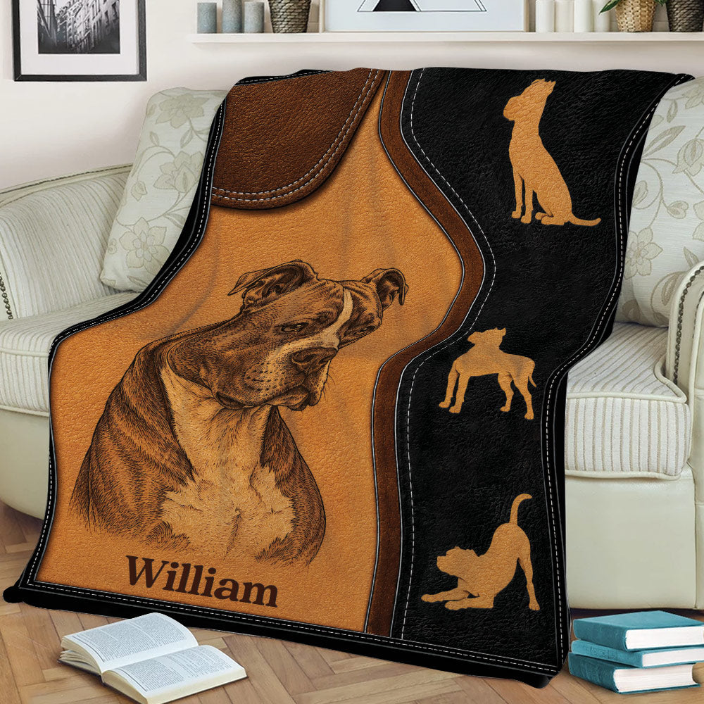 American Staffordshire dog throw blanket displayed on a couch with coordinated dog silhouettes