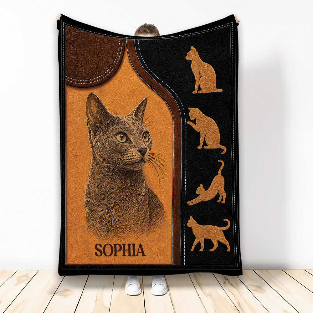 Russian Blue cat throw blanket with vintage brown and black stitched artwork