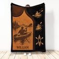 Kayaking throw blanket with vintage leather-look artwork, paddler on a lake, mountains, and kayak illustrations