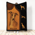 Whippet throw blanket with vintage leather-look artwork, portrait-style dog illustration, and running Whippet silhouettes