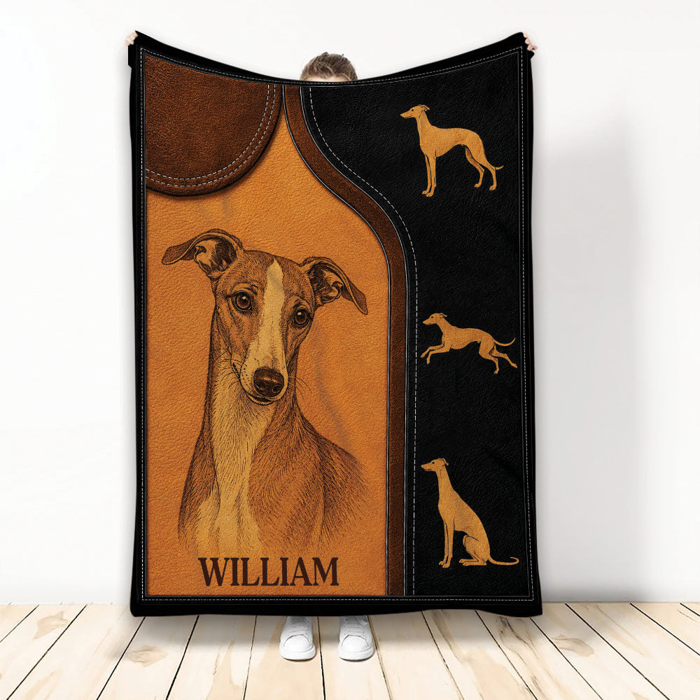 Whippet throw blanket with vintage leather-look artwork, portrait-style dog illustration, and running Whippet silhouettes