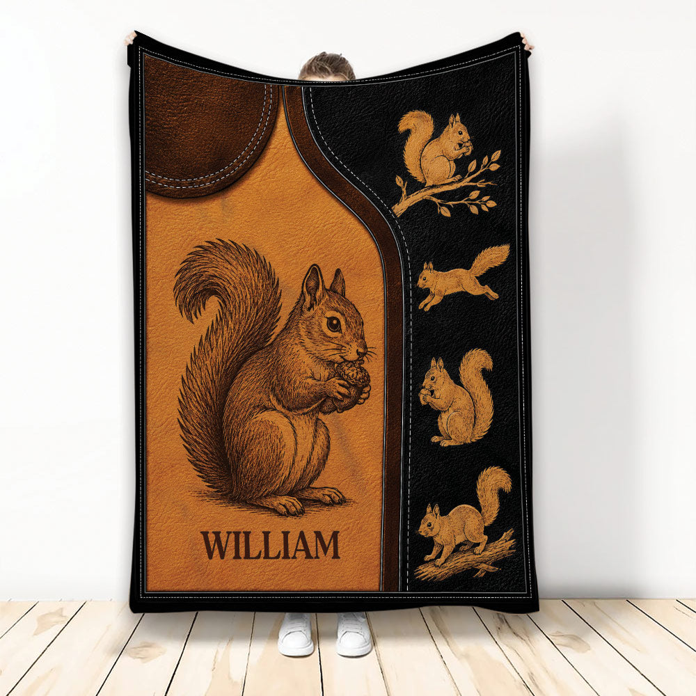 Custom squirrel blanket displayed upright with vintage woodland artwork in warm brown and black tones