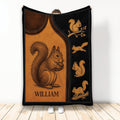 Custom squirrel blanket displayed upright with vintage woodland artwork in warm brown and black tones