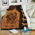 Cane Corso throw blanket draped over a sofa with brown portrait artwork and black border design