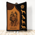 Custom Cane Corso blanket with brown and black leather-look artwork, paw print, and dog silhouettes