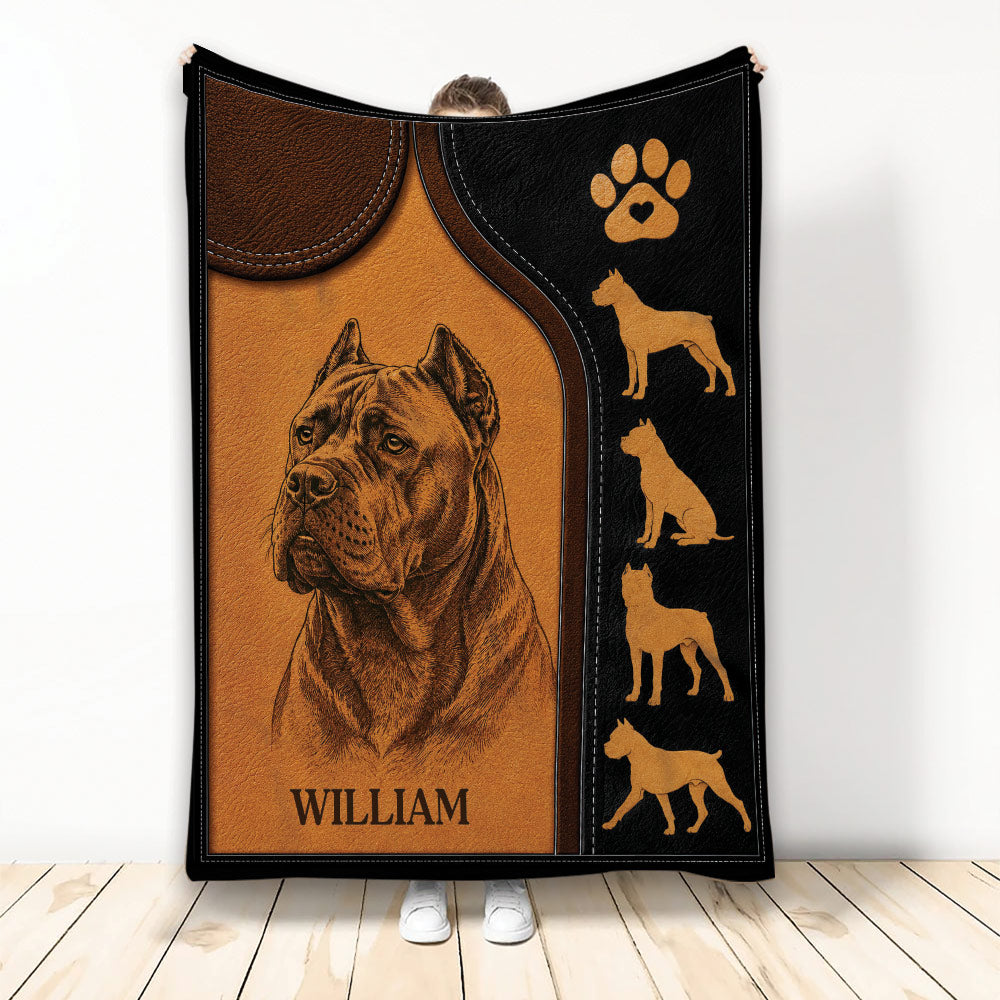Custom Cane Corso blanket with brown and black leather-look artwork, paw print, and dog silhouettes