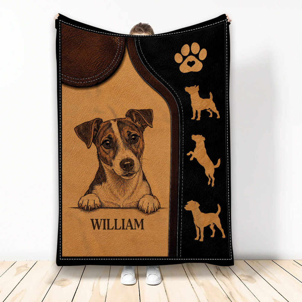 Custom Jack Russell blanket with a warm brown terrier portrait, paw print, and dog silhouette border