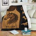 Rustic horse throw blanket draped over a sofa with equestrian artwork and horseshoe details