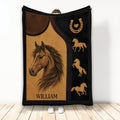 Horse portrait blanket with horseshoe motifs, leather-look artwork, and rustic equestrian styling
