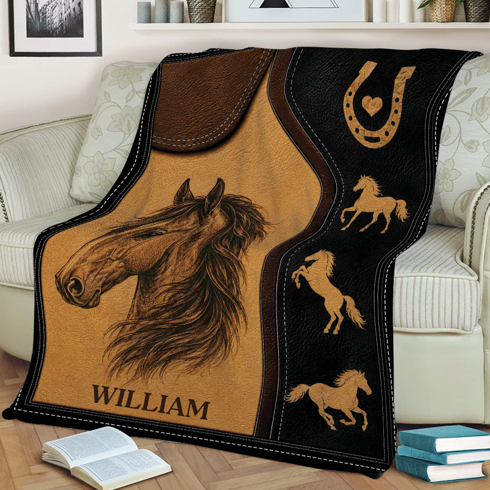 Horse-themed sofa blanket featuring a detailed galloping horse border and warm brown artwork