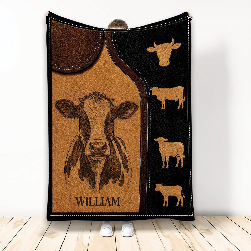 Rustic cow throw blanket with detailed cattle artwork and western leather-look accents