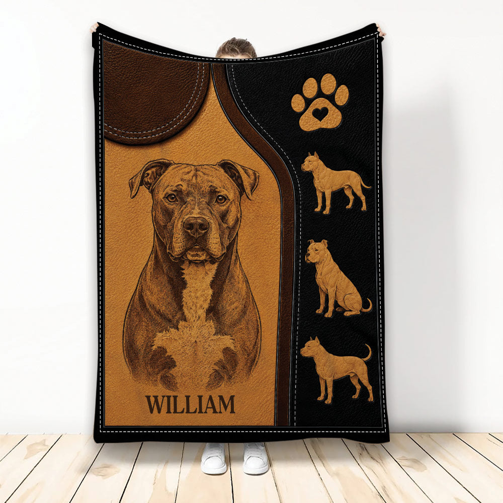 Pitbull throw blanket featuring engraved dog artwork, paw print, and warm brown leather-look design