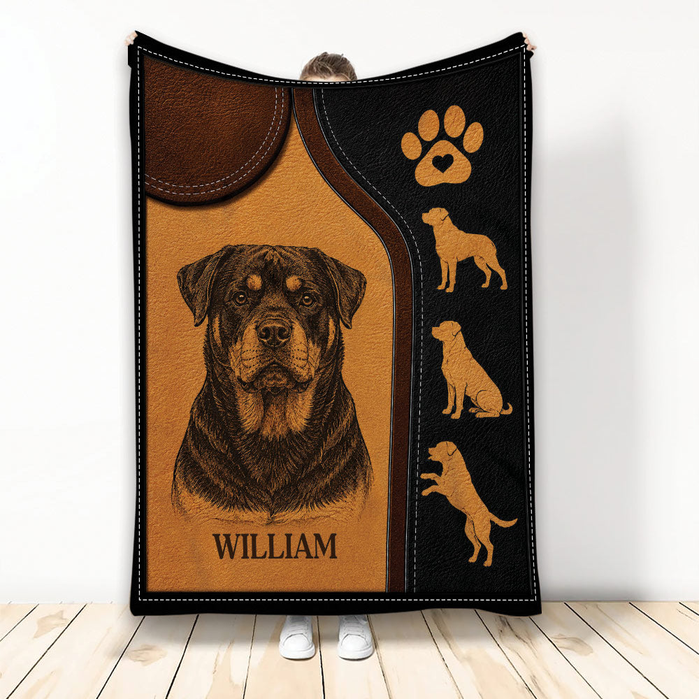 Rottweiler throw blanket with rustic brown and black artwork, paw print, and dog silhouettes