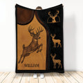 Deer throw blanket with rustic leather-look artwork, leaping buck, and repeating stag designs