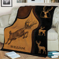 Custom deer blanket displayed on a sofa with vintage-style buck illustrations and rustic artwork