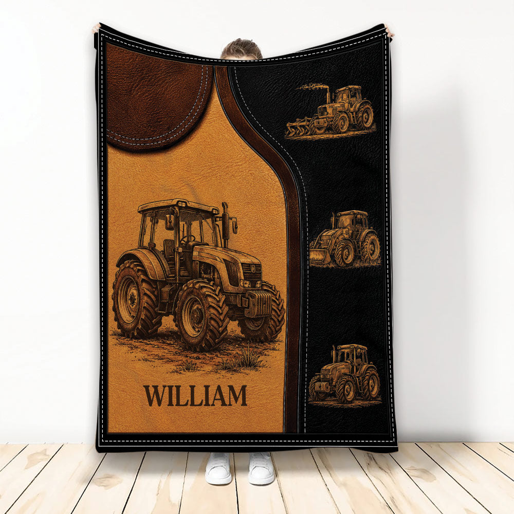 Rustic tractor blanket displayed upright with vintage farm machinery artwork in brown and black tones