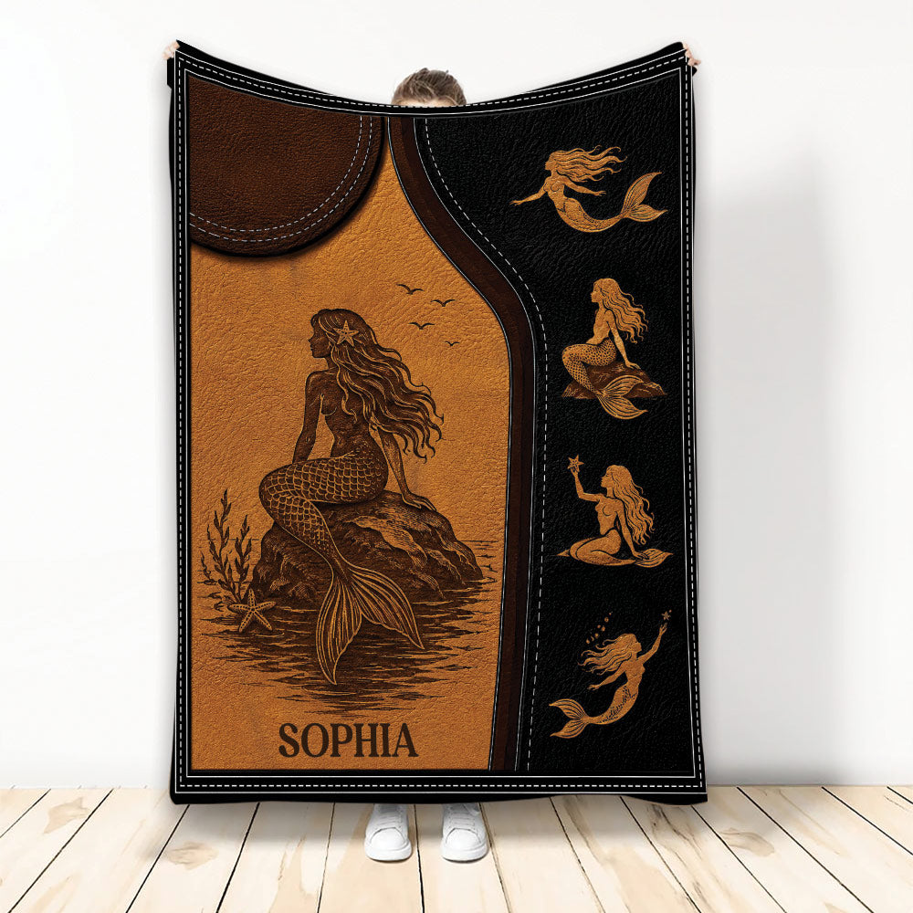 Vintage mermaid blanket with sepia ocean artwork, black border, seashell details, and multiple mermaid illustrations