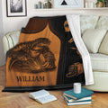 Welder throw blanket displayed on a sofa with protective gear, welding sparks, tools, and industrial artwork