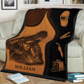 Welder blanket draped over a sofa, featuring a welding scene, helmet, welding torch, and machine artwork