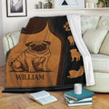 Pug throw blanket styled on a sofa with brown and black engraved-style dog artwork