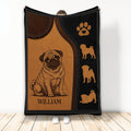Pug blanket with engraved-style dog artwork, paw print emblem, and decorative pug silhouettes