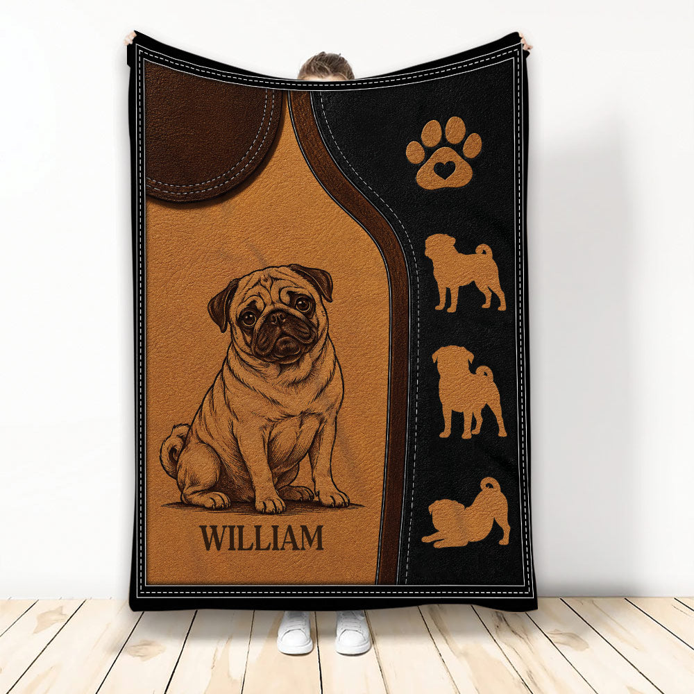 Pug blanket with engraved-style dog artwork, paw print emblem, and decorative pug silhouettes
