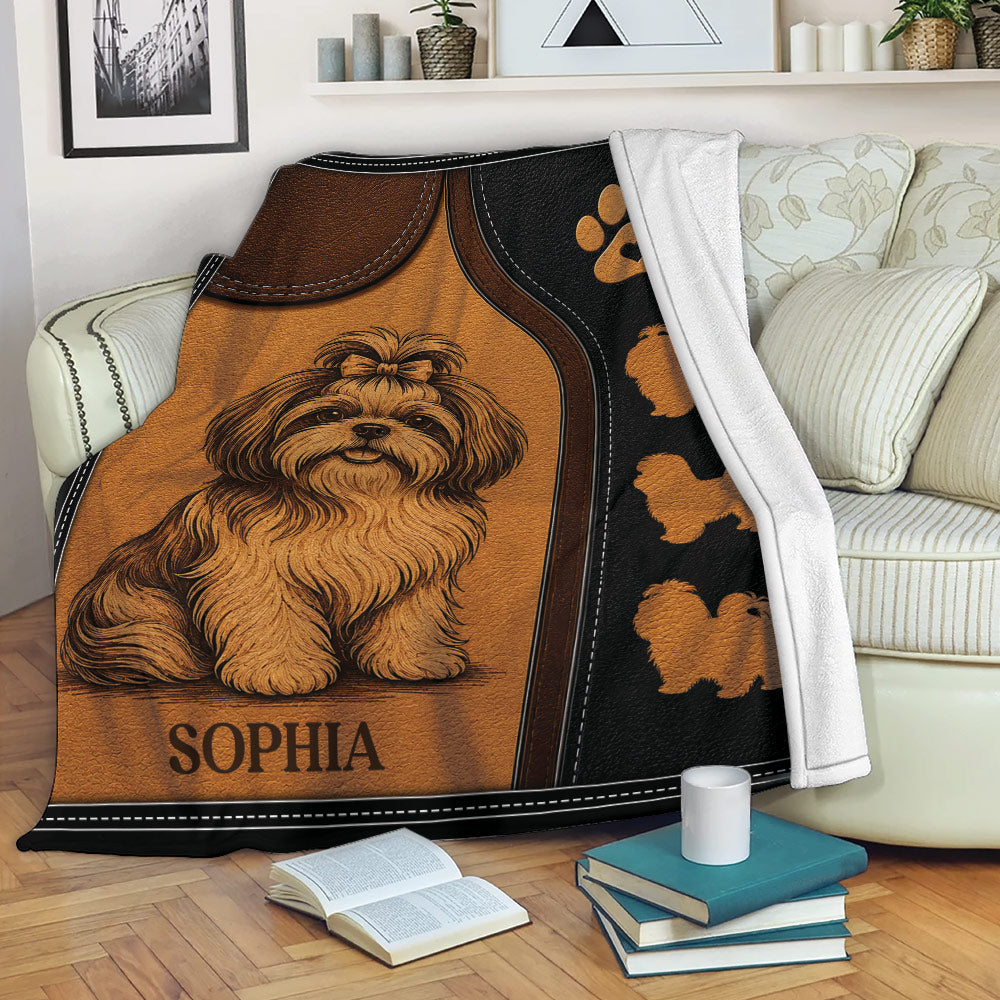 Shih Tzu throw blanket displayed on a sofa with a detailed dog illustration and warm brown and black design
