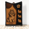 Shih Tzu throw blanket featuring a detailed long-haired dog illustration, paw print, and warm brown leather-style artwork