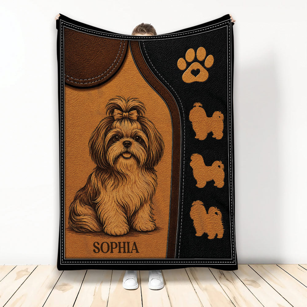 Shih Tzu throw blanket featuring a detailed long-haired dog illustration, paw print, and warm brown leather-style artwork