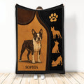 Boston Terrier throw blanket with leather-look artwork, paw print, dog silhouettes, and warm brown accents