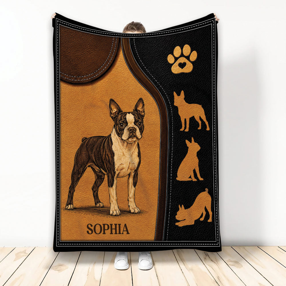 Boston Terrier throw blanket with leather-look artwork, paw print, dog silhouettes, and warm brown accents