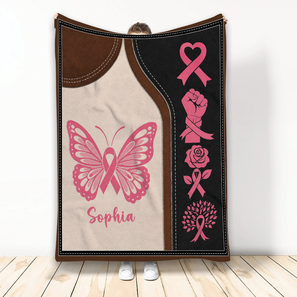 Breast Cancer throw blanket with pink ribbon, butterfly, rose, and strength-themed artwork