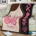 Breast Cancer awareness throw blanket featuring pink ribbons, butterfly, rose, and tree motifs