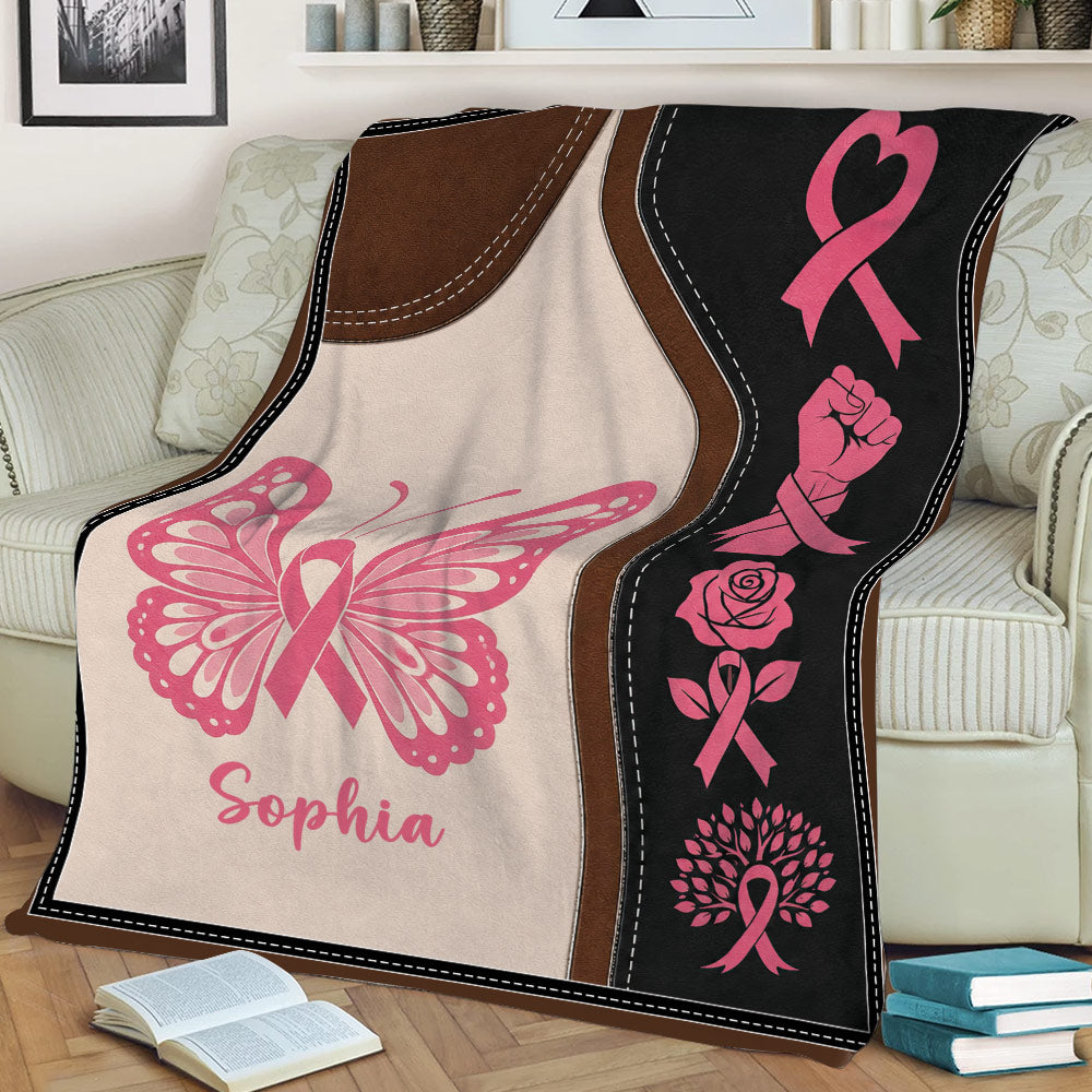 Breast Cancer awareness throw blanket featuring pink ribbons, butterfly, rose, and tree motifs