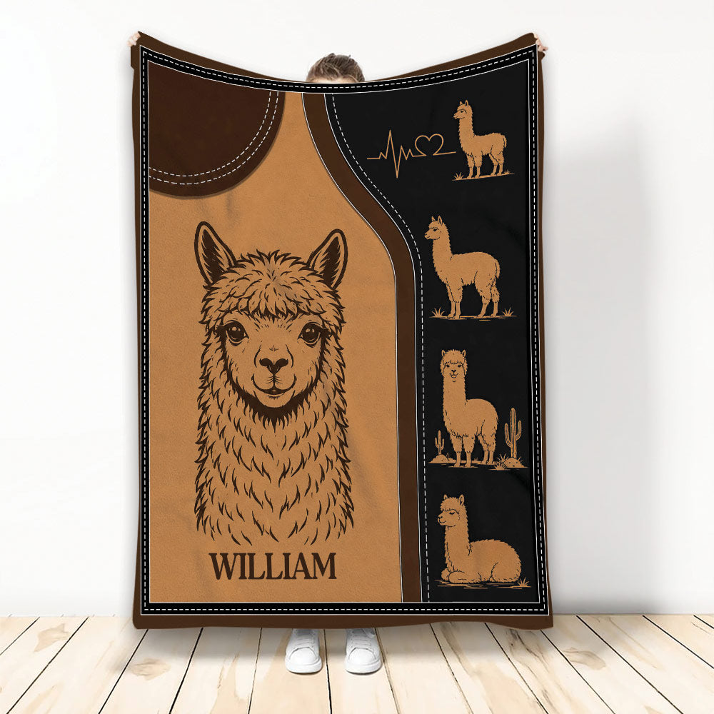 Custom alpaca throw blanket with warm brown artwork and illustrated alpacas in a western-inspired design