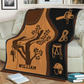 Tree climber arborist throw blanket displayed on a couch with chainsaw, rope and harness illustrations