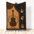 Custom guitar blanket featuring acoustic guitars, musical notes, warm brown tones, and a black border