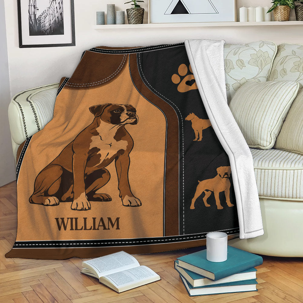 Boxer dog throw blanket draped over a sofa with brown artwork, black border, and paw print design