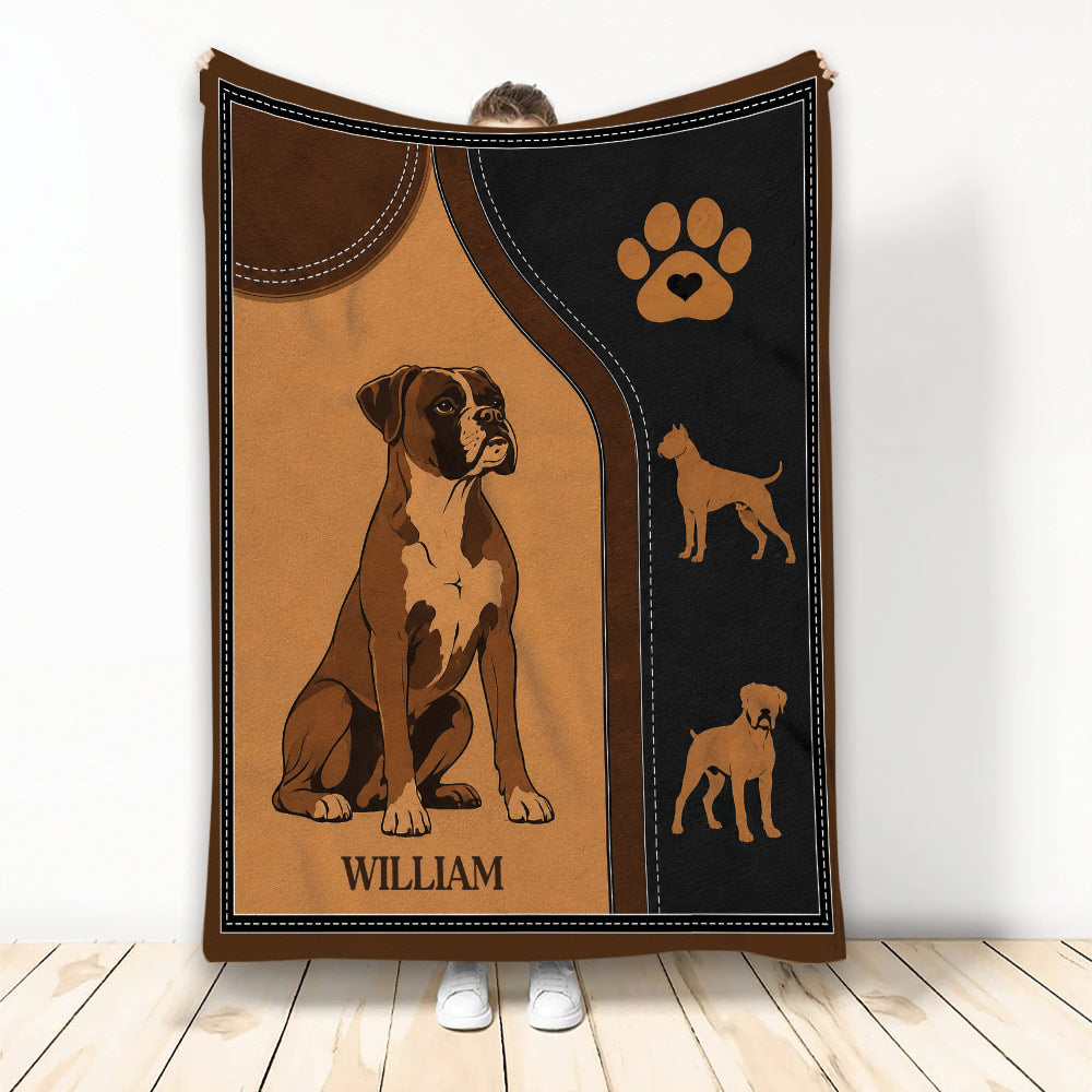 Custom Boxer dog blanket displayed upright with brown and black artwork, paw print, and dog silhouettes