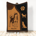Custom Husky throw blanket with vintage brown and black dog artwork and paw-print accents