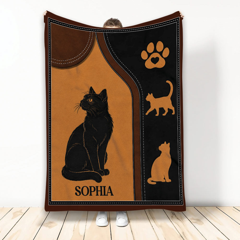 Black cat blanket with orange and brown artwork, paw print motif, and decorative cat silhouettes