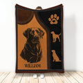 Labrador Retriever blanket with rustic amber and black dog artwork, paw motif, and stitched border design
