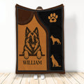 Belgian Shepherd throw blanket with brown and black dog artwork, paw print, and shepherd silhouettes