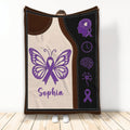 Alzheimer's awareness blanket with purple ribbon butterfly, brain symbols, and brown leather-inspired border