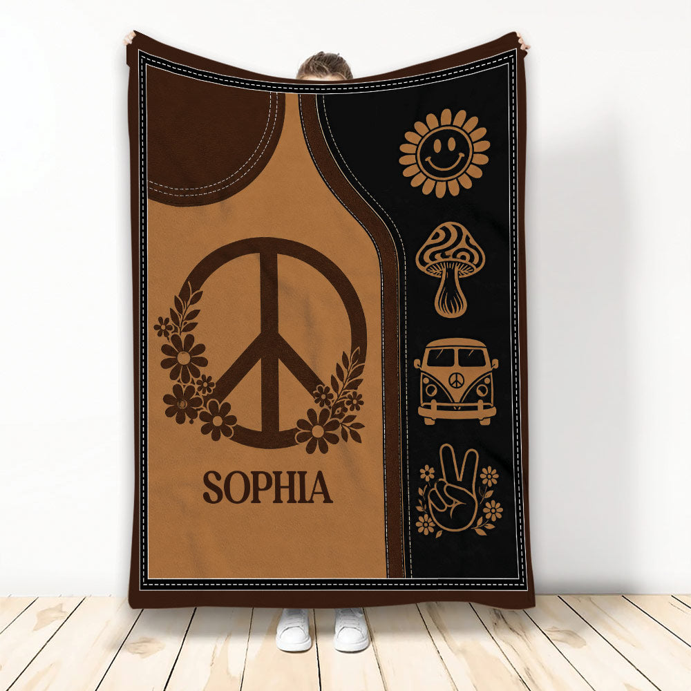 Hippie throw blanket with peace sign, flowers, retro van, mushroom, smiley sun, and earthy brown artwork