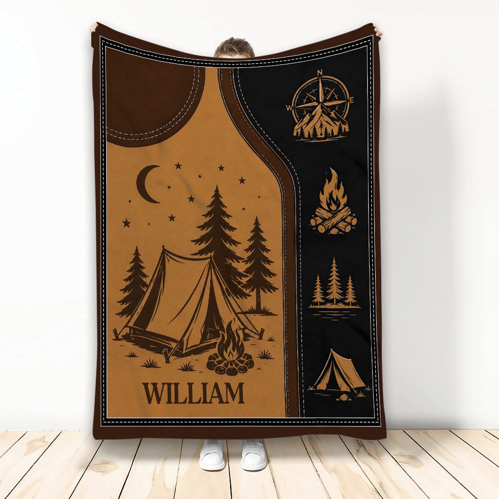 Custom camping blanket with tent, campfire, pine trees, compass, moon, and rustic brown outdoor artwork
