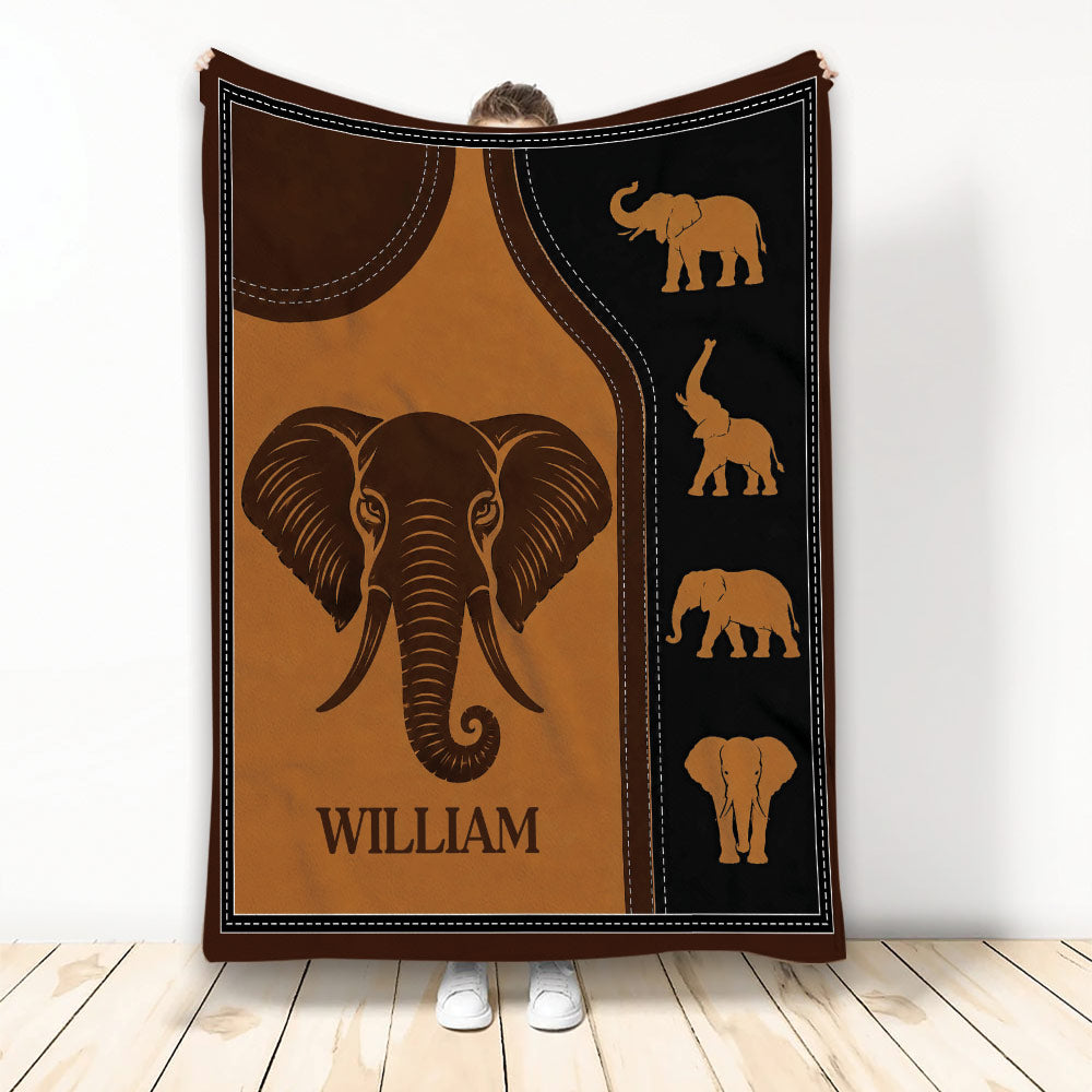 Elephant throw blanket with warm brown artwork, elephant silhouettes, and a bold central elephant design