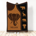 Elephant throw blanket with warm brown artwork, elephant silhouettes, and a bold central elephant design