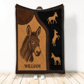 Custom donkey blanket with vintage leather-style artwork and multiple donkey silhouettes