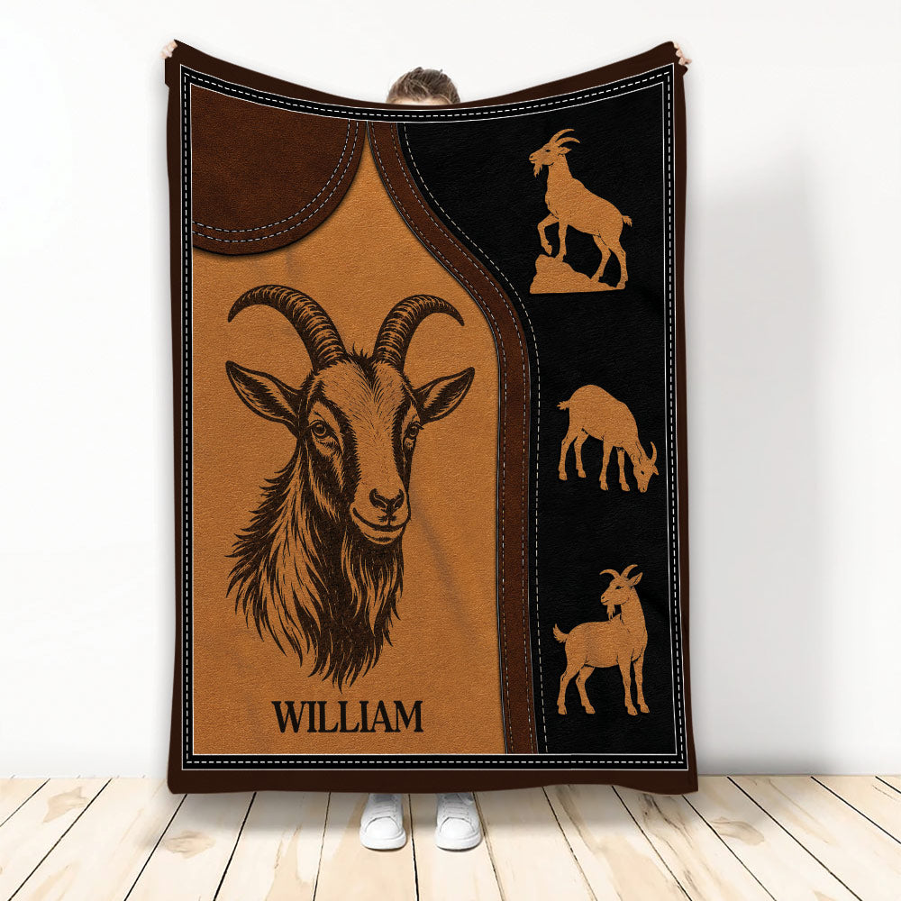 Rustic goat throw blanket featuring a detailed horned goat and coordinating goat silhouettes